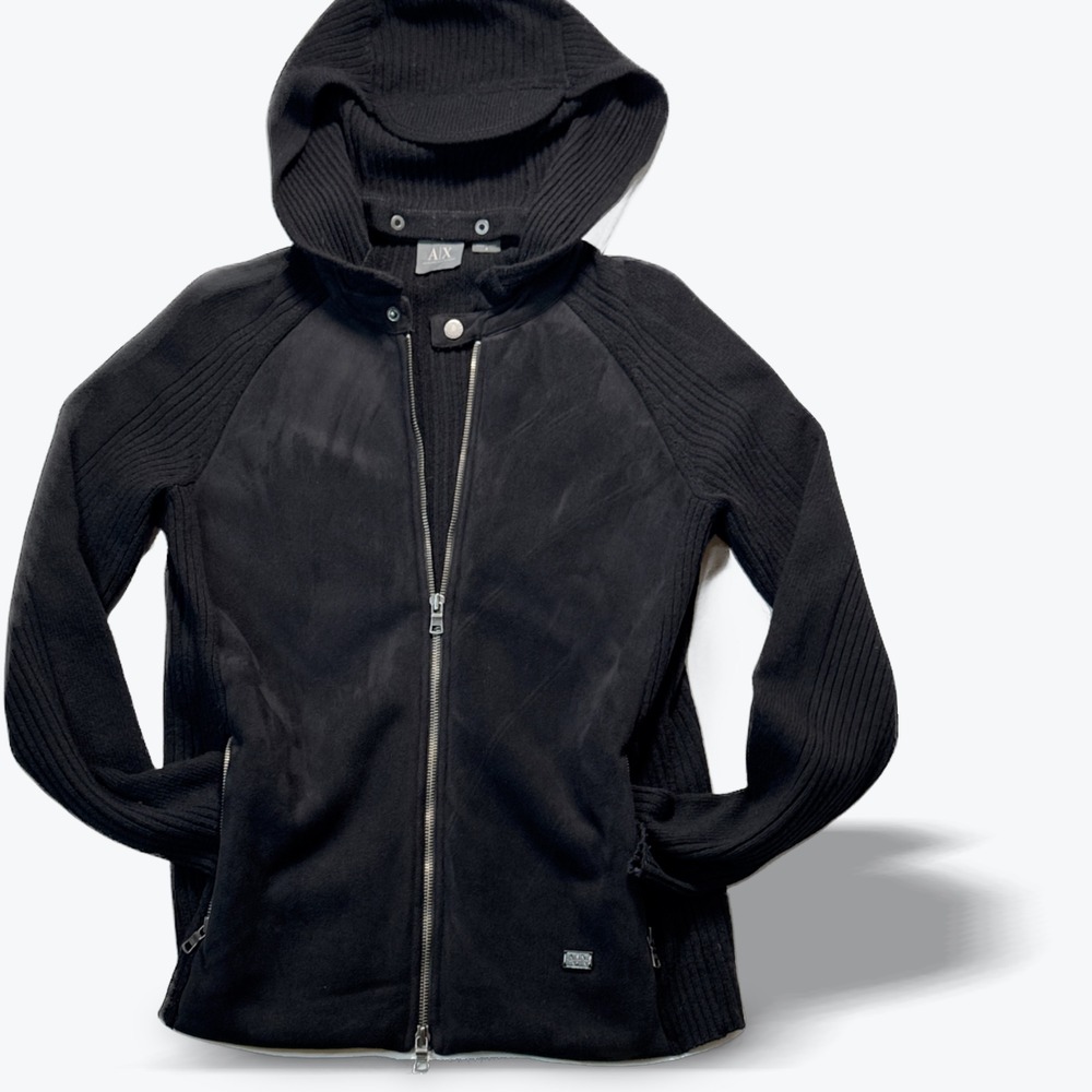 Armani Exchange Mens Jacket Mixed Media Hooded Merino Wool Full Zip Small